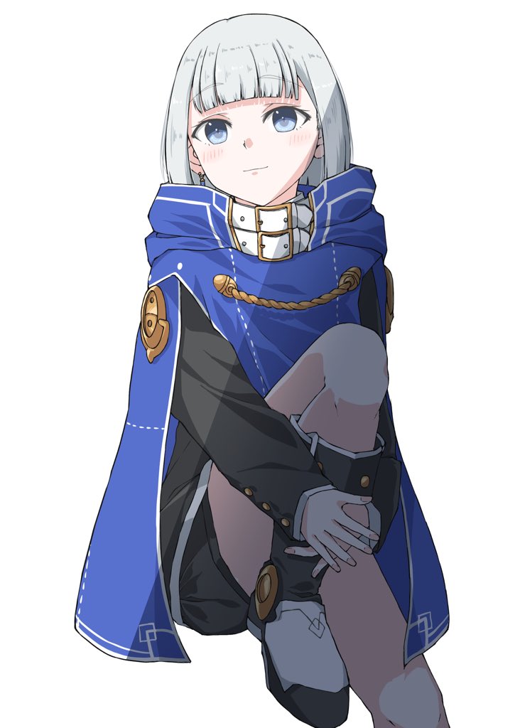 1girl, black_jacket, black_shorts, blue_cloak, blue_eyes, blush, boots, cloak