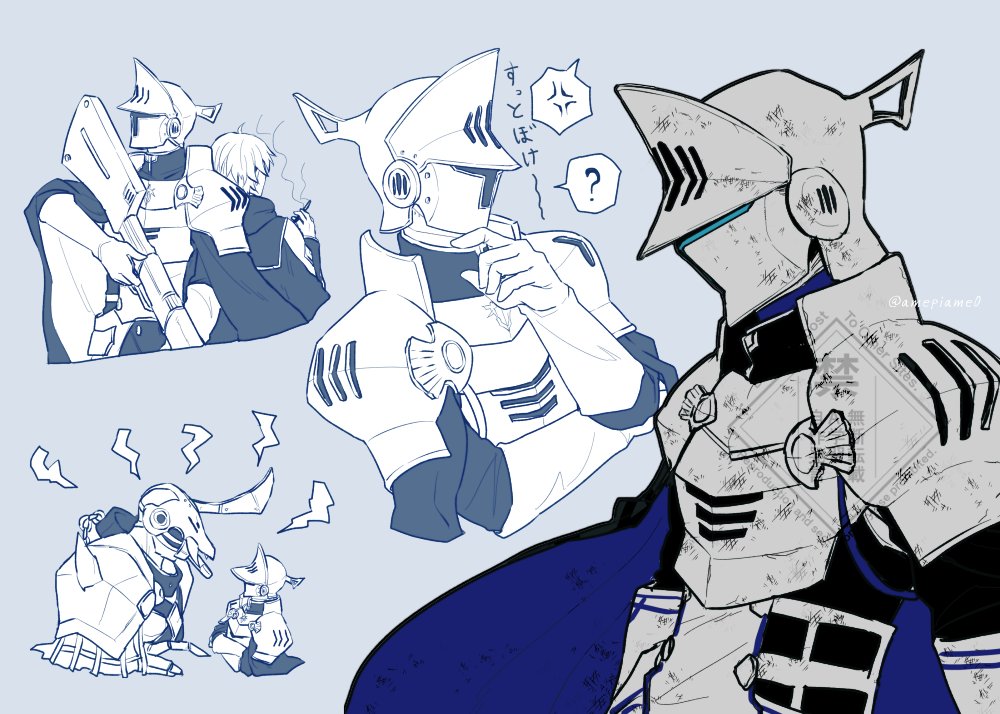 3boys, ?, amehiko_(amepiame0), android, armor, back-to-back, cloak, commentary_request