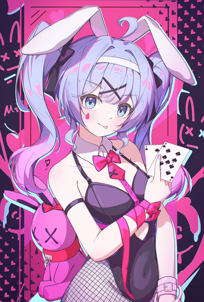 1girl, ahoge, black_leotard, black_ribbon, blue_eyes, blue_hair, bow, bowtie, card, clothing_cutout, covered_navel, cuffs, cutout_above_navel, detached_collar, facial_mark, fingernails, fishnet_pantyhose, fishnets, gradient_hair, hair_between_eyes, hair_ornament, hair_ribbon, handcuffs, hashtag-only_commentary, hatsune_miku, heart_cutout, holding, holding_card, leotard, lingerain, multicolored_hair, navel, pantyhose, pink_bow, pink_bowtie, playboy_bunny, playing_card, rabbit_hole_(vocaloid), ribbon, short_twintails, teardrop_facial_mark, twintails, vocaloid, x_hair_ornament