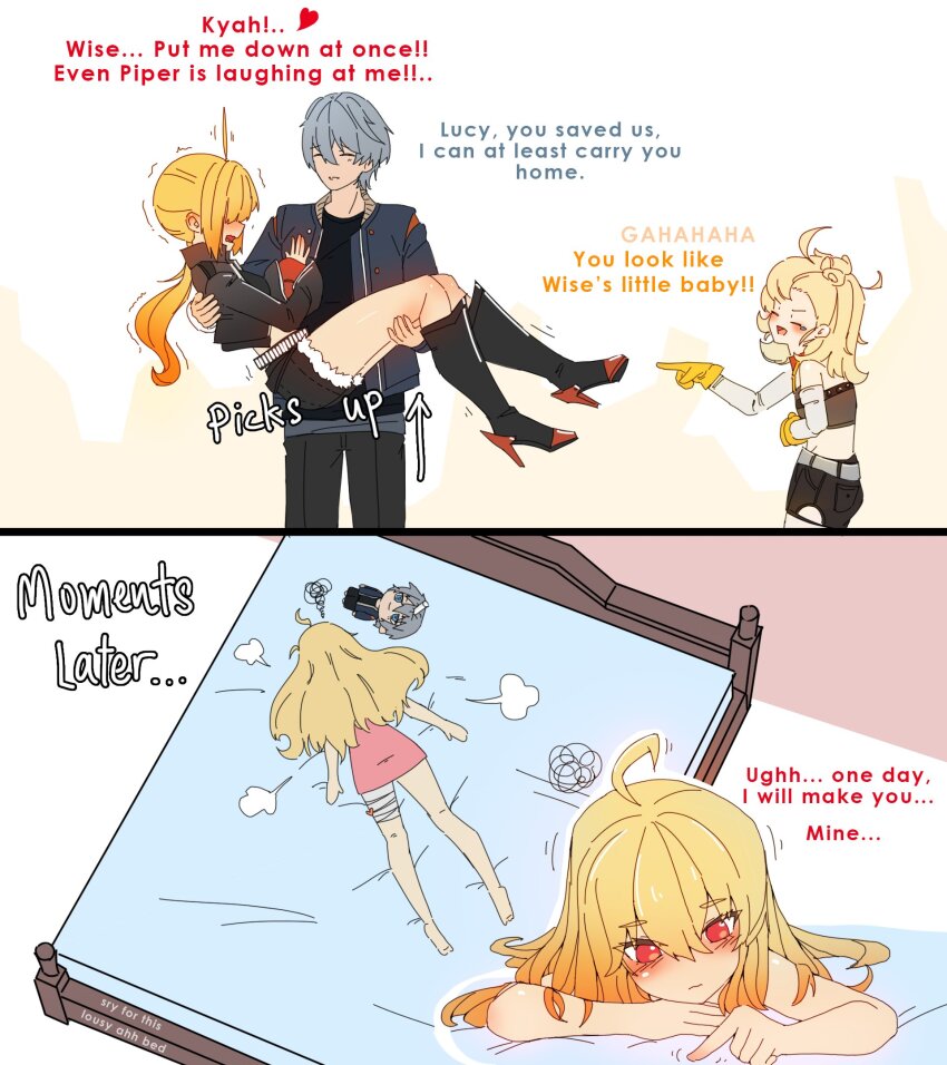 1boy, 2girls, ahoge, barefoot, bed, blonde_hair, blush, boots