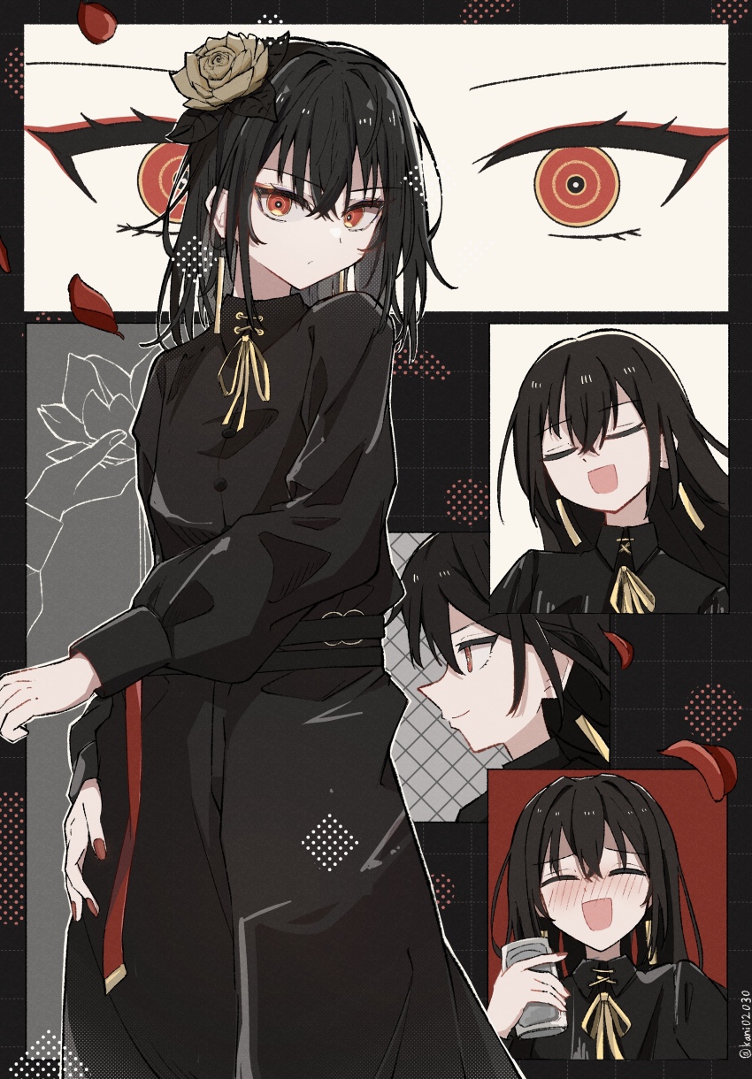 1boy, absurdres, androgynous, ben-day_dots, black_background, black_hair, black_pants, black_shirt