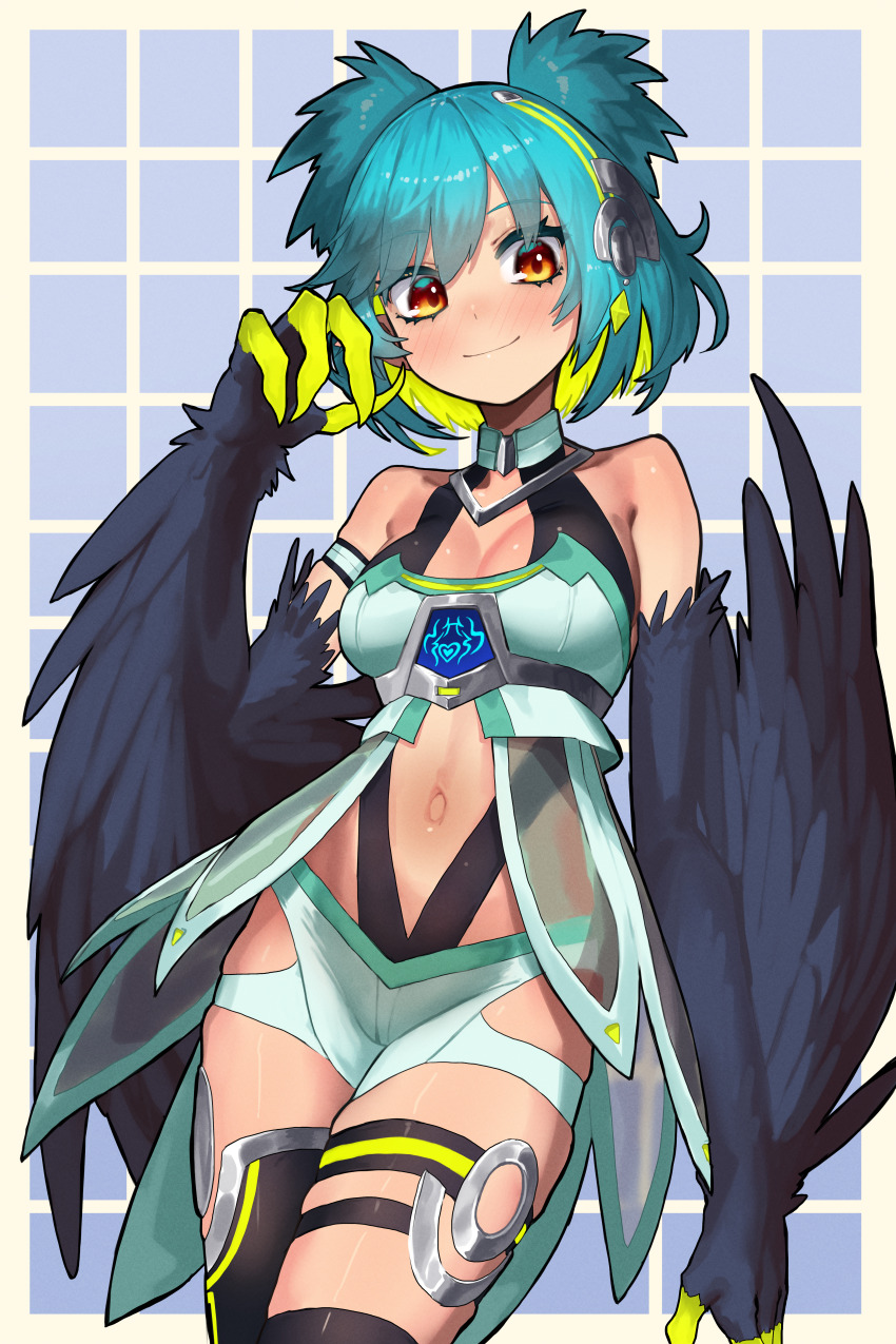 1girl, absurdres, blue_background, blue_hair, breasts, claws, clothing_request, colored_inner_hair