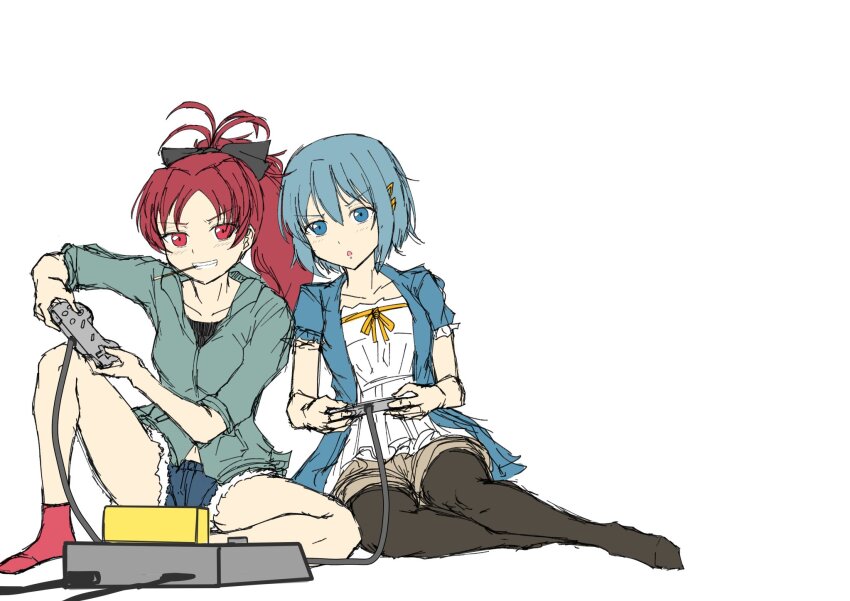 black_thighhighs, blue_eyes, blue_hair, controller, denim, denim_shorts, game_console, game_controller