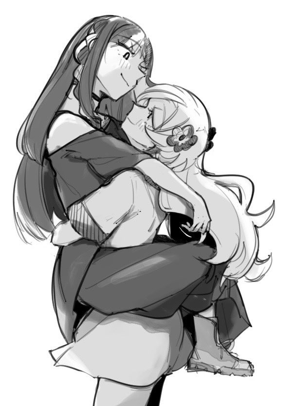 2girls, bad_id, bad_twitter_id, boots, braid, carrying, carrying_person, choker, closed_mouth, commentary_request, cowboy_shot, dress, eye_contact, flower, greyscale, hair_flower, hair_ornament, harusaruhi, hug, isekaijoucho, isozaki_(iso_zaki54), kamitsubaki_studio, leg_lock, long_hair, looking_at_another, monochrome, multiple_girls, shirt, short_sleeves, simple_background, single_bare_shoulder, single_off_shoulder, sketch, smile, standing_leg_lock, virtual_youtuber, wavy_hair, yuri