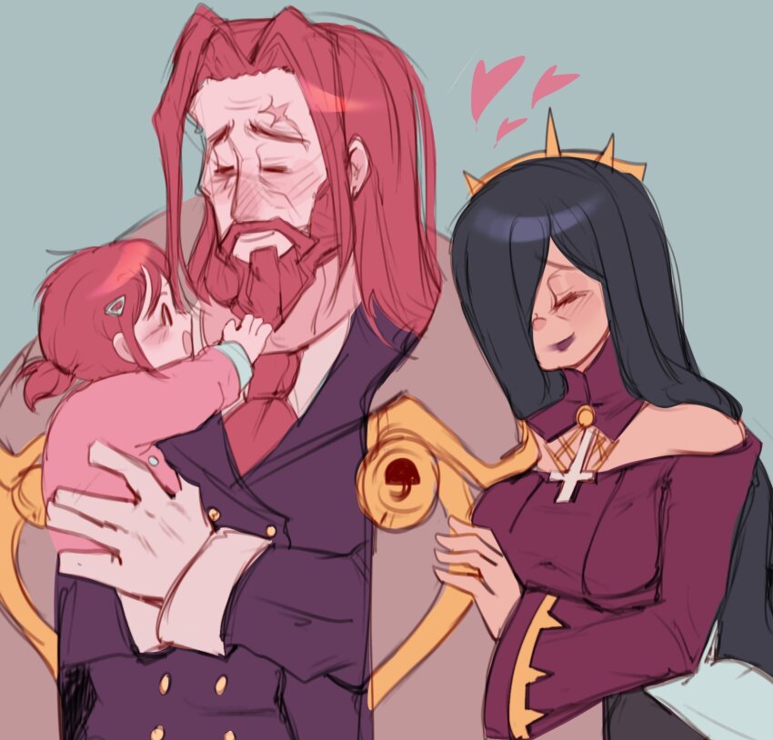 1boy, 2girls, aged_down, baby, beard, black_hair, blue_background, closed_eyes