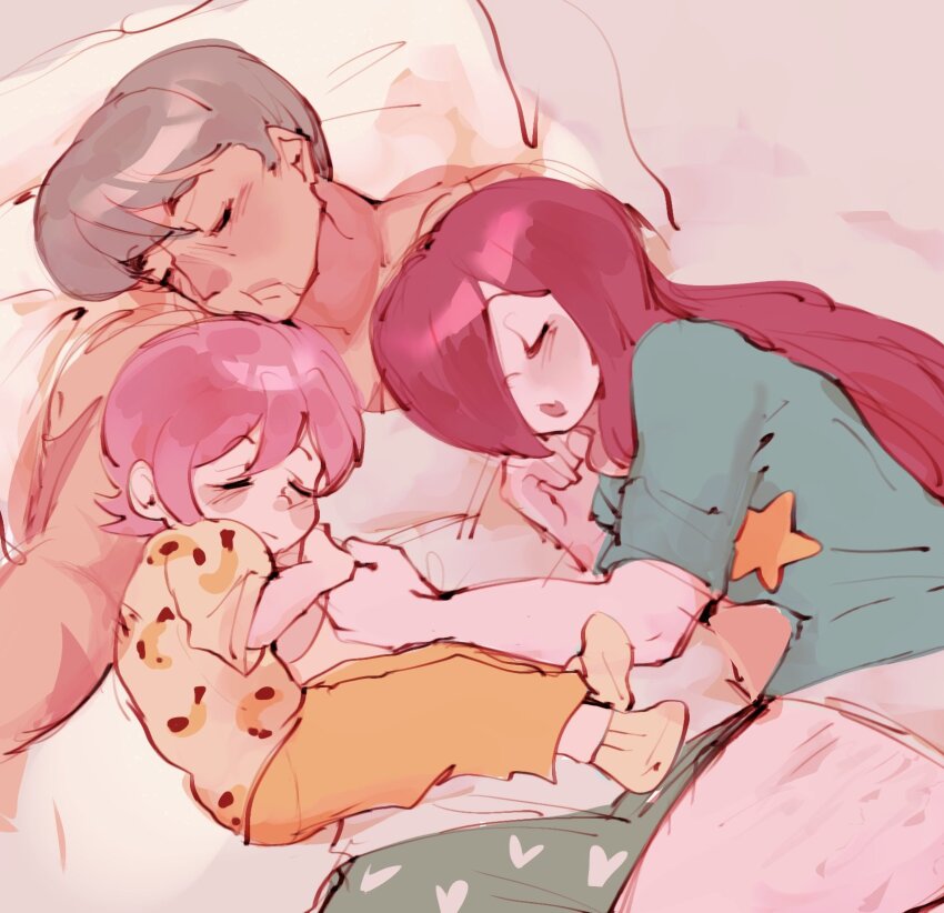 1boy, 2girls, adam_kapowski, alternate_costume, bed, blush, closed_eyes, grey_hair