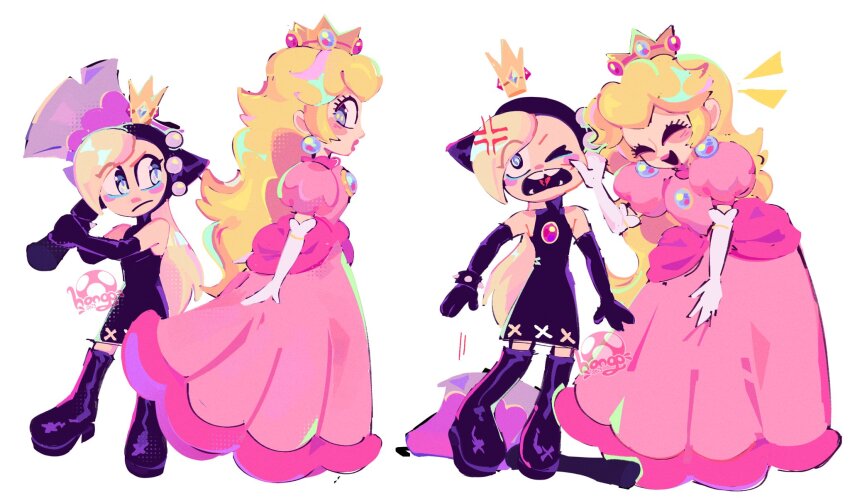 2girls, bare_shoulders, black_dress, black_gloves, blonde_hair, blue_eyes, boots, bracelet