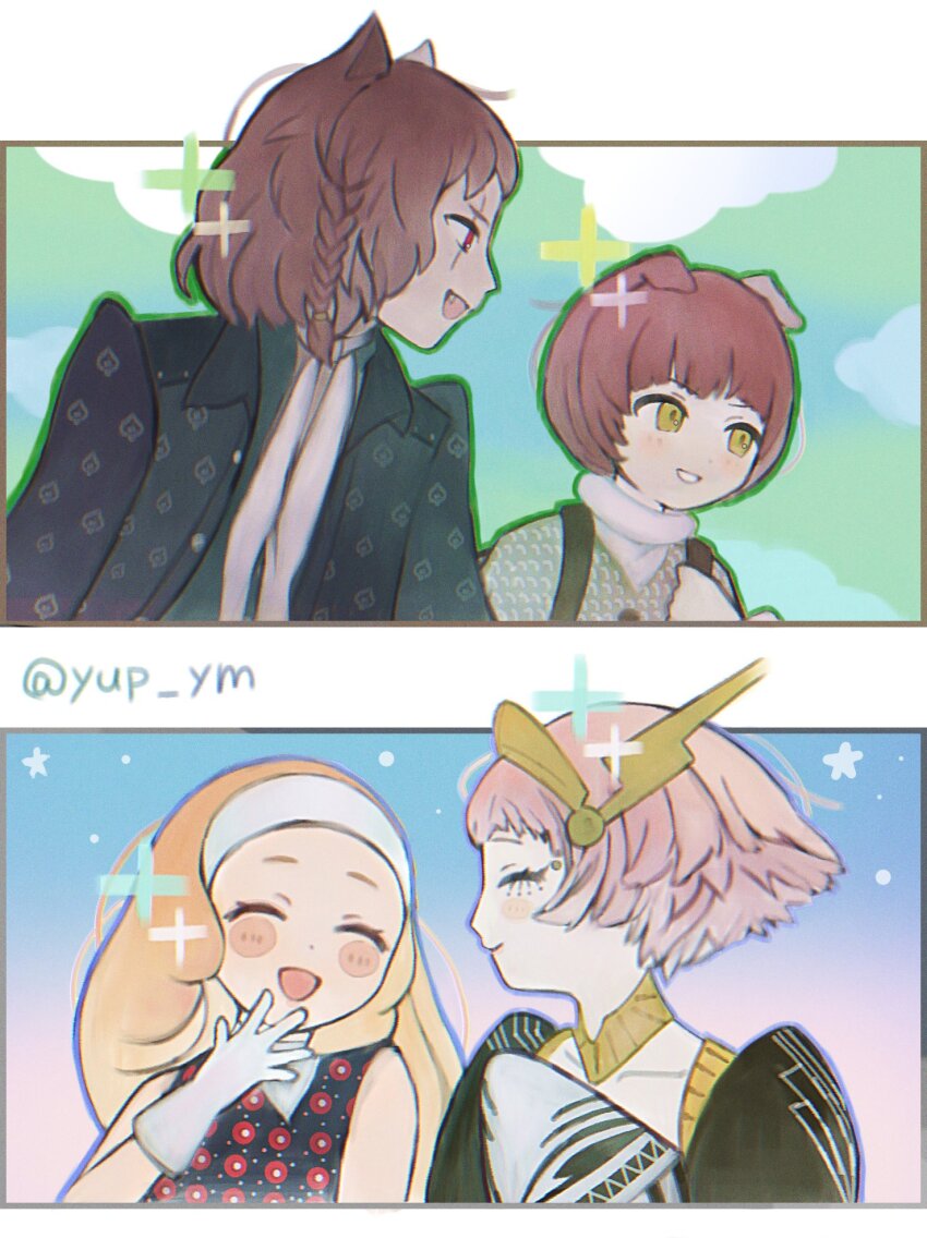 2boys, 2girls, animal_ears, arm_up, basilio_(metaphor:_refantazio), black_jacket, blonde_hair, blush