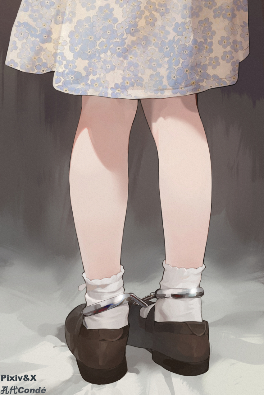 1girl, 240mmap, bound_ankles, brown_shoes, commentary_request, cuffs, dress, floral_print