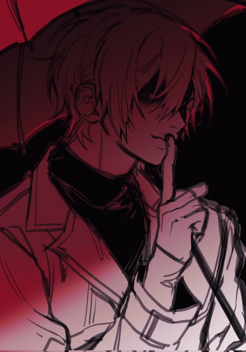 1boy, bisu_(hw3op), black_background, coat, finger_to_mouth, hand_up, highres, holding