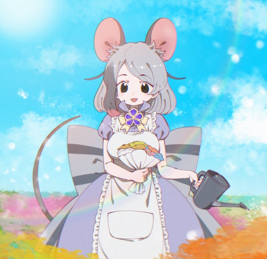1girl, animal_ears, apron, black_eyes, blue_dress, blue_sky, bouquet, brooch, dress, extra_ears, flower, grey_hair, honey_possum_(kemono_friends), jewelry, kemono_friends, long_hair, looking_at_viewer, notora, outdoors, possum_ears, possum_girl, possum_tail, ribbon, sky, solo, tail, watering_can