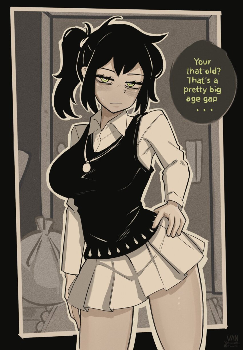 1girl, bags_under_eyes, black_hair, closed_mouth, collared_shirt, commentary, cropped_legs, door, english_commentary, english_text, green_eyes, hand_on_own_hip, highres, indoors, long_hair, long_sleeves, looking_at_viewer, pleated_skirt, pointy_ears, renee_graves, shirt, sidelocks, skirt, solo, speech_bubble, standing, talking, the_coffin_of_andy_and_leyley, trash_bag, vaniste, white_shirt