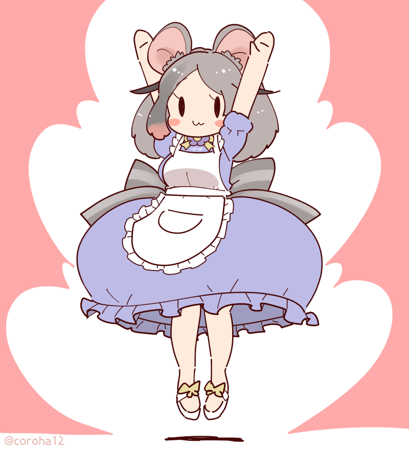 1girl, animal_ears, apron, arms_up, blue_dress, brooch, coroha, dress