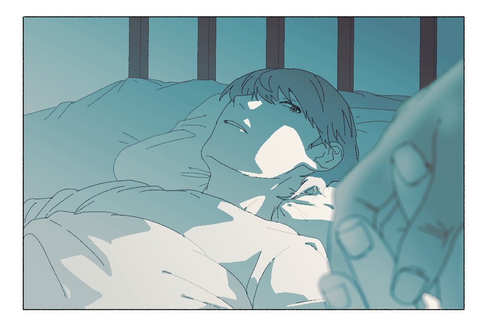 2boys, adachi_tooru, bed, bed_frame, border, grey_eyes, grey_hair, hair_over_one_eye