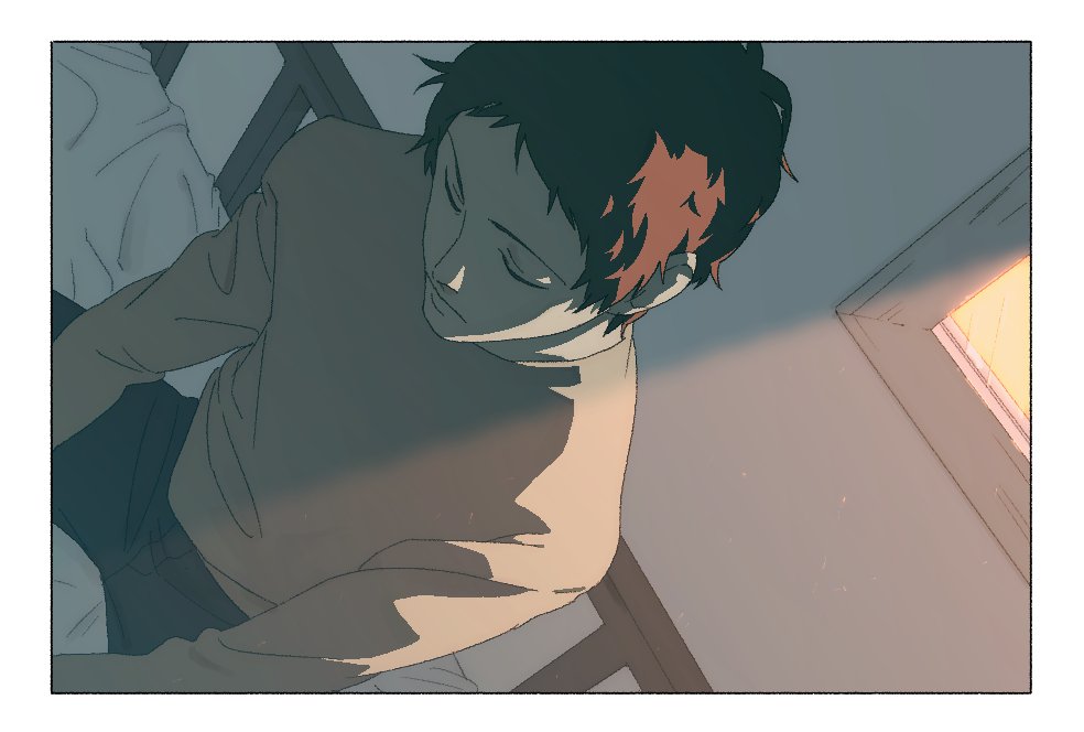 1boy, adachi_tooru, bed_frame, black_pants, border, brown_hair, closed_eyes, closed_mouth, crew_neck, long_sleeves, male_focus, pants, persona, persona_4, shirt, short_hair, sitting, solo, white_border, white_shirt, window, xxts002xv