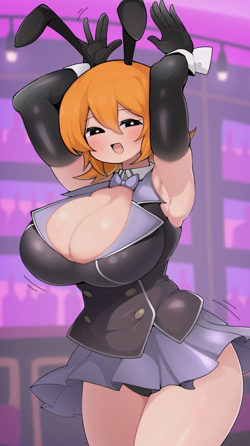 1girl, :d, animal_ears, armpits, bar_(place), black_eyes, black_gloves, black_jacket, black_panties, blazer, blurry, blurry_background, blush, bow, bowtie, breasts, bright_pupils, cleavage, cookie_(touhou), cowboy_shot, elbow_gloves, fake_animal_ears, fake_meguru_(cookie), gloves, hair_between_eyes, highres, huge_breasts, jacket, long_bangs, looking_at_viewer, madore, miniskirt, open_mouth, orange_hair, panties, playboy_bunny, purple_bow, purple_bowtie, purple_skirt, rabbit_ears, rabbit_pose, short_hair, skirt, smile, solo, underwear, white_pupils, wrist_cuffs