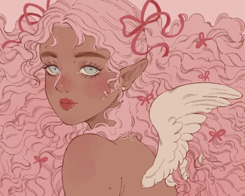 1girl, angel_wings, blue_eyes, blush, closed_mouth, commentary, dark-skinned_female, dark_skin