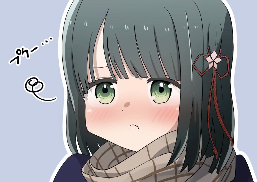 1girl, :t, black_hair, blue_background, blue_coat, blunt_bangs, blunt_ends, blush, bob_cut, brown_scarf, coat, commentary_request, flower, flower_knot, frown, green_eyes, hair_flower, hair_ornament, highres, link!_like!_love_live!, love_live!, momose_ginko, nose_blush, noseru, outline, plaid_clothes, plaid_scarf, portrait, pout, puffy_cheeks, scarf, short_hair, solo, squiggle, translation_request, virtual_youtuber, white_outline