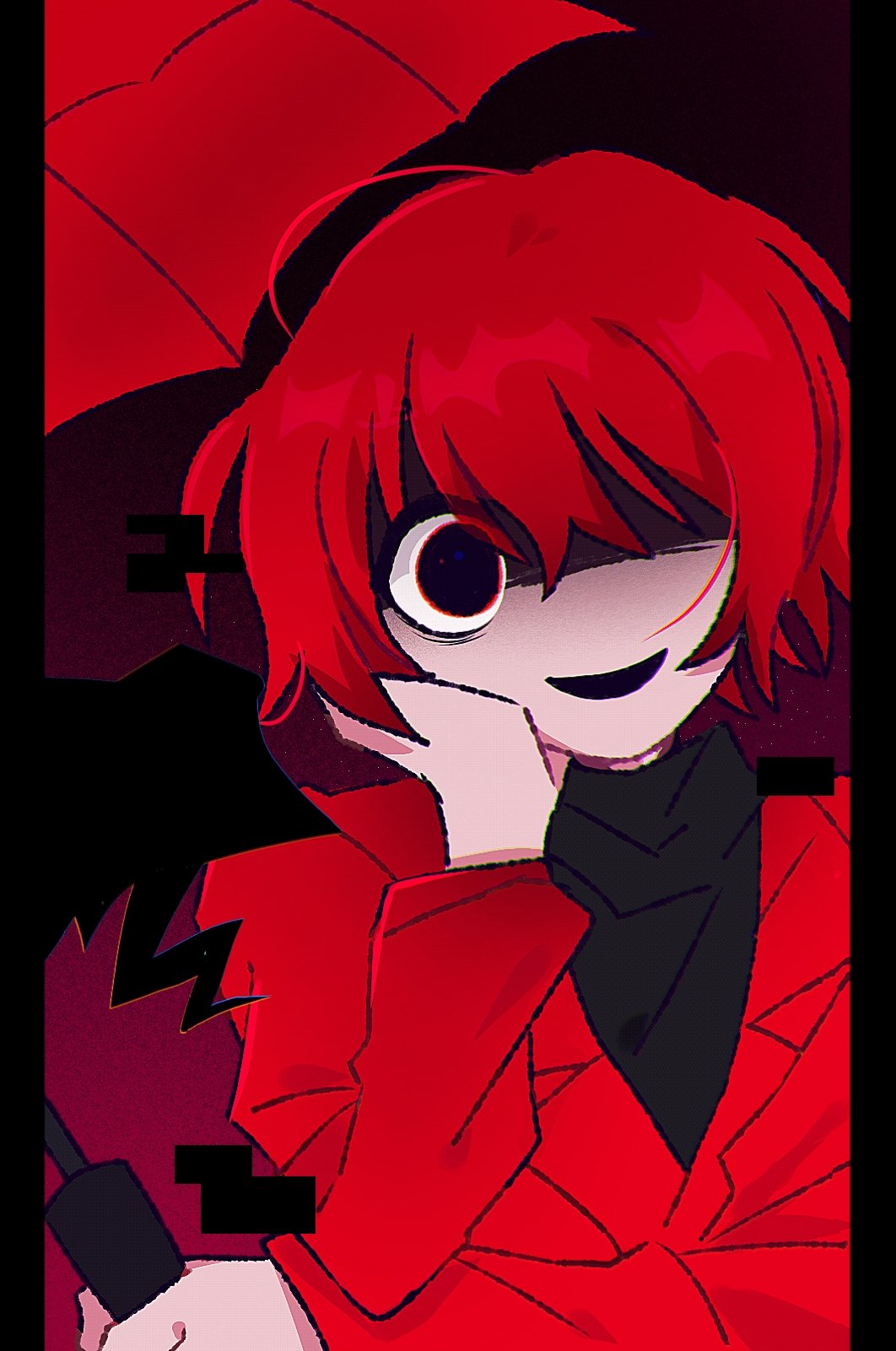 1boy, blank_speech_bubble, blueskyuup, coat, commentary_request, dilated_pupils, glitch, highres, holding, holding_umbrella, homicipher, korean_commentary, looking_at_viewer, male_focus, mr._scarletella, pillarboxed, red_background, red_coat, red_eyes, red_hair, red_theme, red_umbrella, short_hair, solo, speech_bubble, umbrella, upper_body