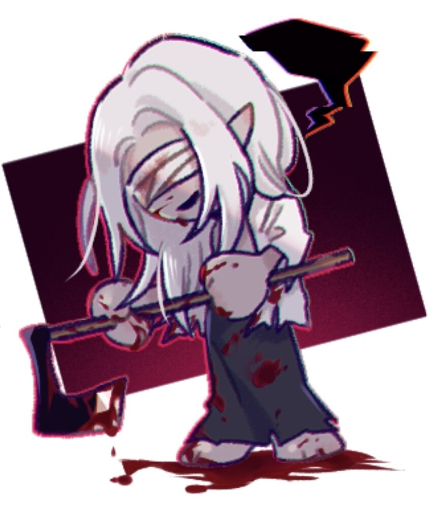 1boy, axe, bandages, bandages_over_eyes, blood, blood_on_clothes, blood_on_face, blueskyuup