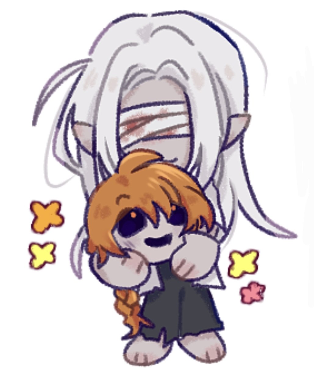 2boys, bandages, bandages_over_eyes, black_sclera, blueskyuup, braid, chibi, coat