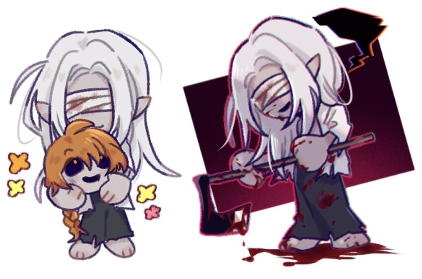 2boys, axe, bandages, bandages_over_eyes, black_sclera, blood, blood_on_clothes, blood_on_face