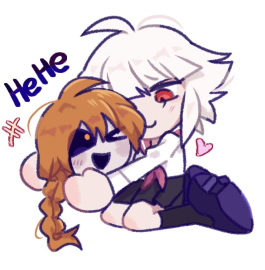 +++, 1boy, 1girl, black_sclera, blueskyuup, braid, chibi, colored_sclera