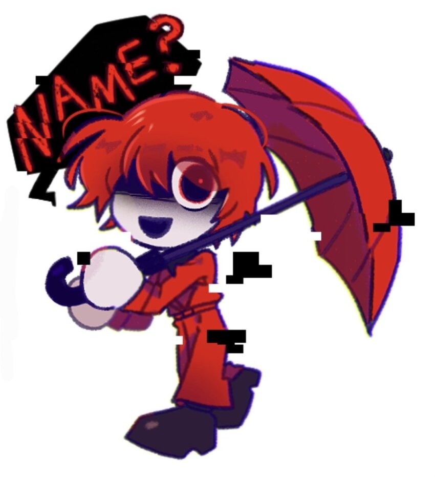 1boy, blueskyuup, chibi, commentary_request, english_text, glitch, holding, holding_umbrella