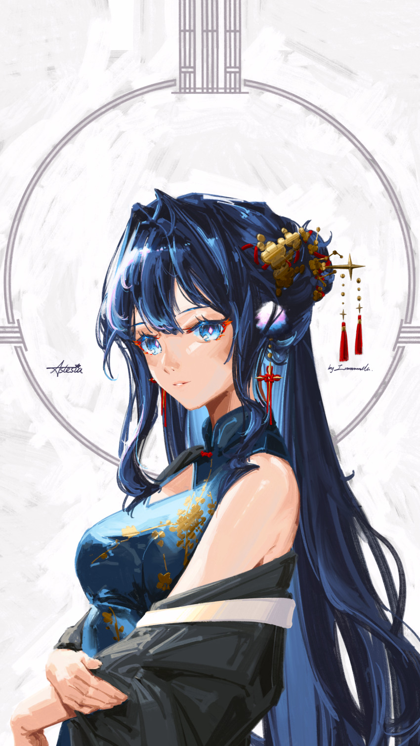 1girl, absurdres, alternate_costume, arknights, astesia_(arknights), bare_shoulders, blue_eyes, blue_hair