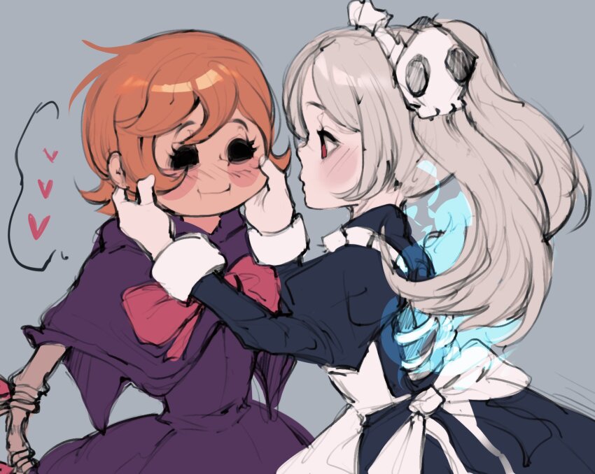 2girls, apron, bloody_marie_(skullgirls), blush, bow, bowtie, cyborg, dress