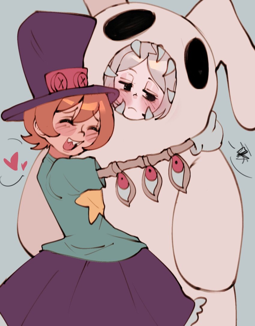 2girls, bloody_marie_(skullgirls), blush, closed_eyes, cosplay, cyborg, dress, frilled_dress