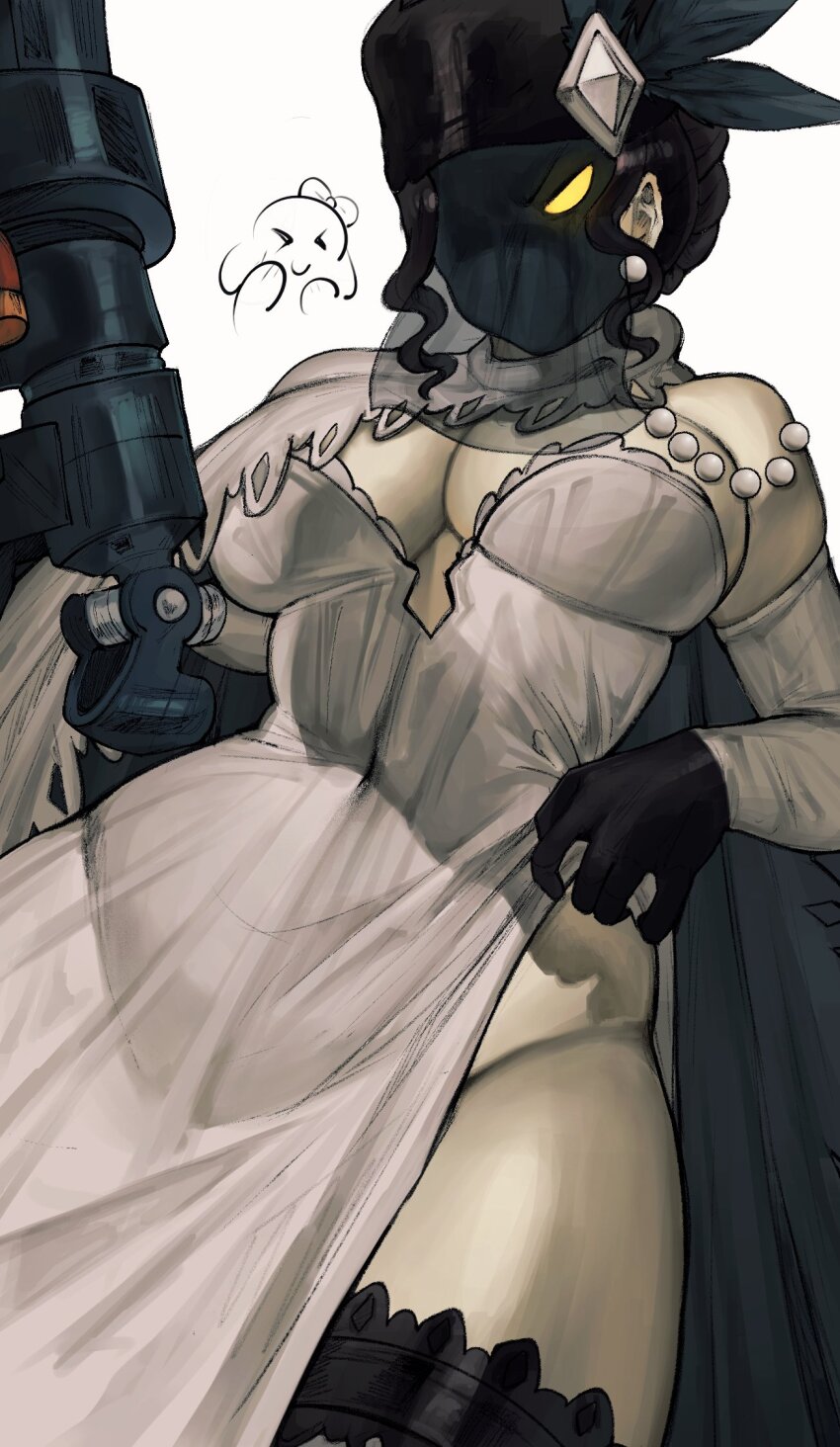 1girl, alcina_dimitrescu, alcina_dimitrescu_(cosplay), arm_cannon, black_dahlia, black_hair, breasts, clothes_lift, cosplay, covered_navel, cyborg, dress, dress_lift, earrings, feather_hair_ornament, frilled_thigh_strap, fur_hat, gloves, hair_ornament, hat, highres, jewelry, large_breasts, leaning_back, maisujim, mask, no_panties, resident_evil, resident_evil_village, skullgirls, solo, thigh_strap, veil, weapon, white_background