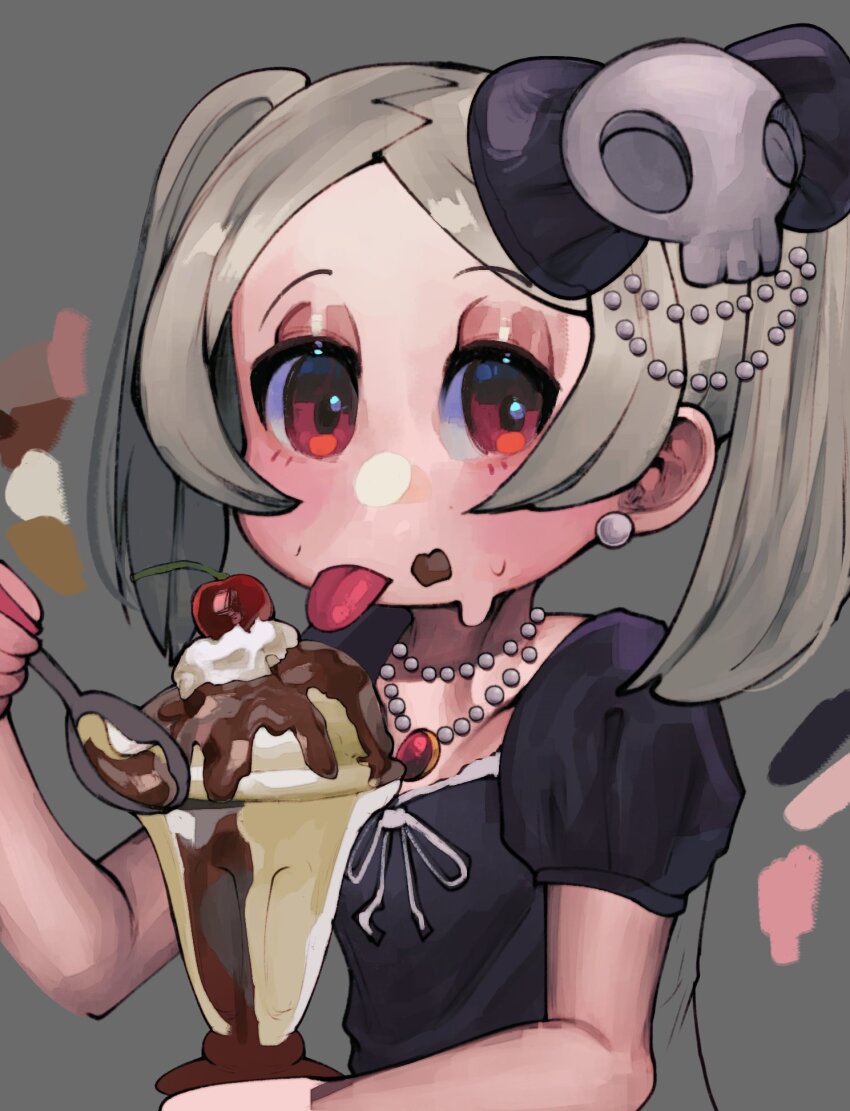 1girl, alternate_costume, bloody_marie_(skullgirls), blush, cherry, chocolate_syrup, dress, earrings