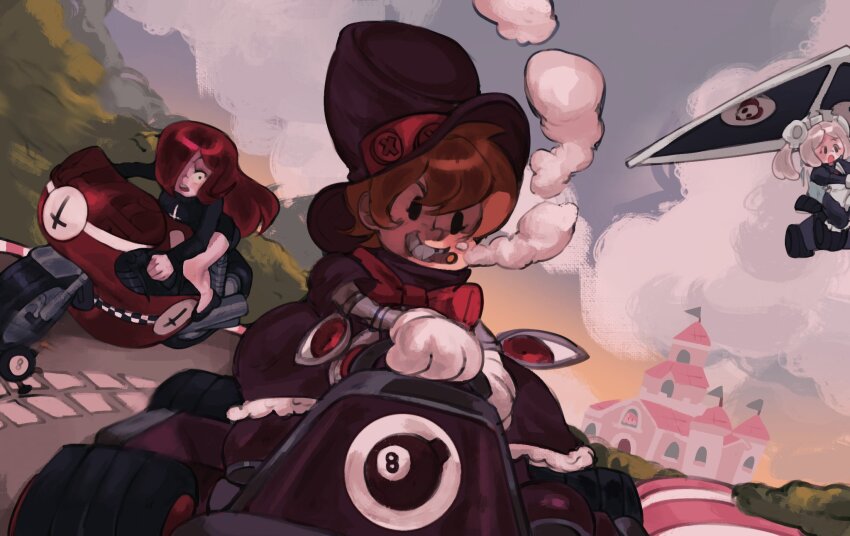 3girls, aircraft, apron, bloody_marie_(skullgirls), bush, castle, cigar, cloud