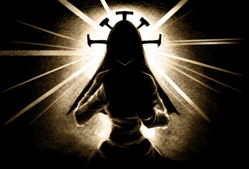 1girl, black_background, crown, dress, facing_viewer, hood, light_rays, mother_(skullgirls)