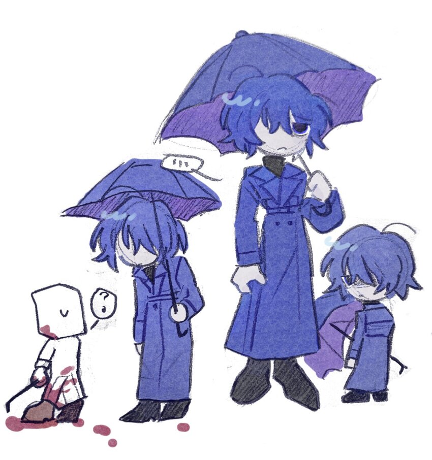 1boy, 1girl, alternate_color, black_eyes, blue_coat, blue_hair, blue_theme, blue_umbrella