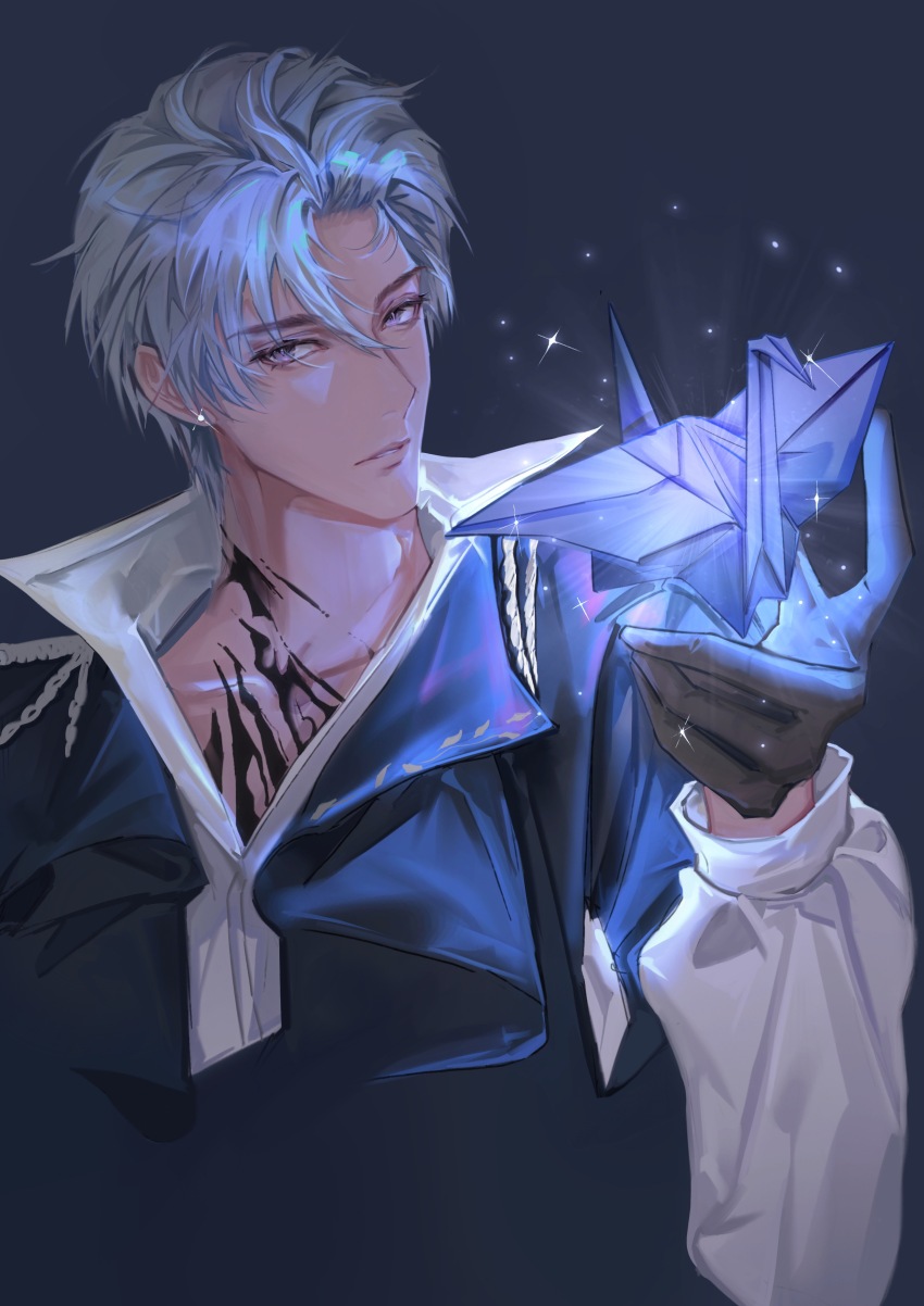 1boy, absurdres, anticoco, black_gloves, blue_background, blue_sky, chest_tattoo, chinese_commentary