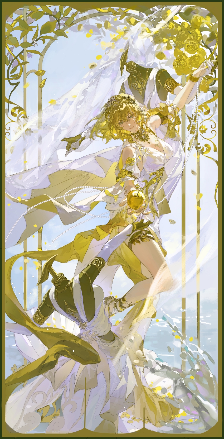 1girl, absurdres, aglaea_(honkai:_star_rail), ancient_greek_clothes, apple, blonde_hair, breasts, chinese_commentary, cleavage, commentary_request, dress, food, fruit, garmentmaker_(honkai:_star_rail), golden_apple, greco-roman_clothes, green_eyes, highres, holding, holding_food, holding_fruit, honkai:_star_rail, honkai_(series), kizumi, large_breasts, laurel_crown, mannequin, nail_polish, short_hair, solo, water, white_dress