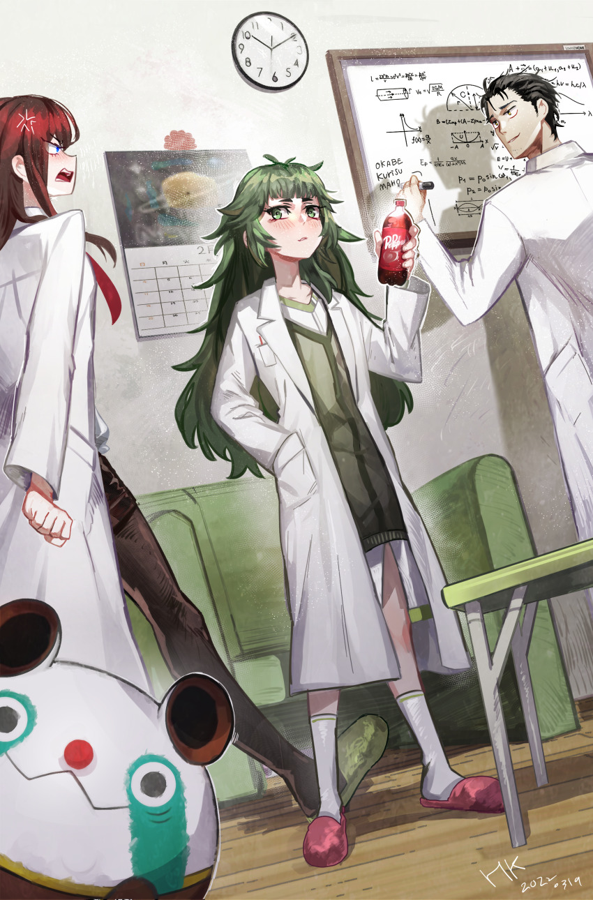 1boy, 2girls, absurdres, analog_clock, anger_vein, angry, beard_stubble, black_hair