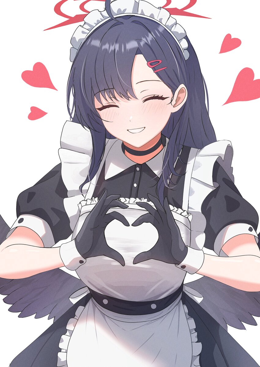 1girl, absurdres, alternate_costume, apron, black_choker, black_wings, blue_archive, choker