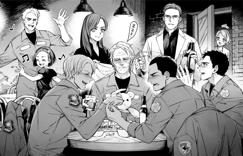 3girls, 6+boys, ace_combat, ace_combat_7, alcohol, alma_a._shilage, bar_(place), beamed_eighth_notes