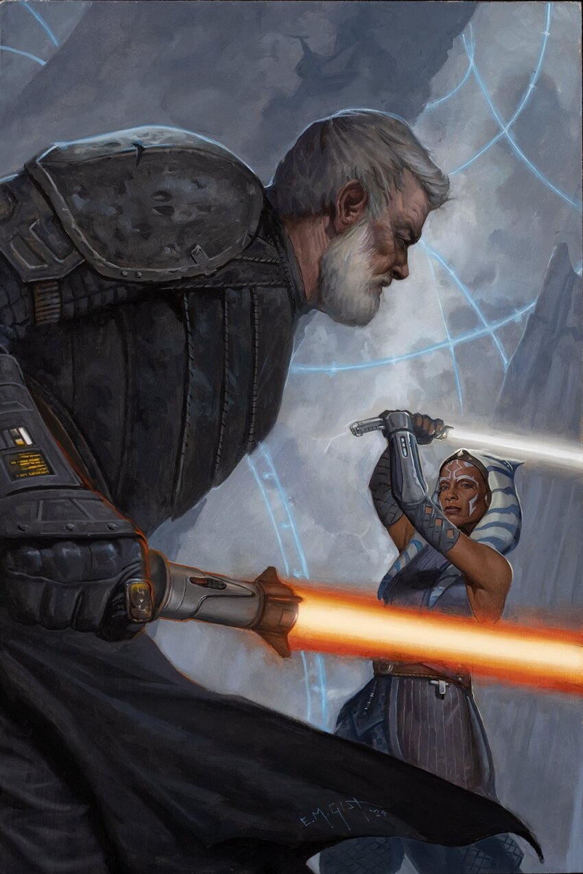 1boy, 1girl, ahsoka_tano, alien, baylan_skoll, beard, dark-skinned_female, dark_skin