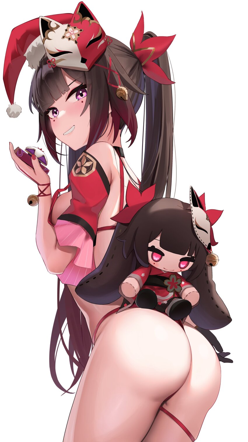 1girl, absurdres, ass, black_choker, brown_hair, butterfly-shaped_pupils, choker, clenched_teeth, cowboy_shot, detached_sleeves, fox_mask, from_behind, hat, highres, holding, honkai:_star_rail, honkai_(series), long_hair, looking_at_viewer, looking_back, mark_under_both_eyes, mask, mask_on_head, purple_eyes, red_nails, red_sleeves, santa_hat, sidelocks, simple_background, skai_kun, solo, sparkle_(doll)_(honkai:_star_rail), sparkle_(honkai:_star_rail), symbol-shaped_pupils, teeth, thong, twintails, white_background