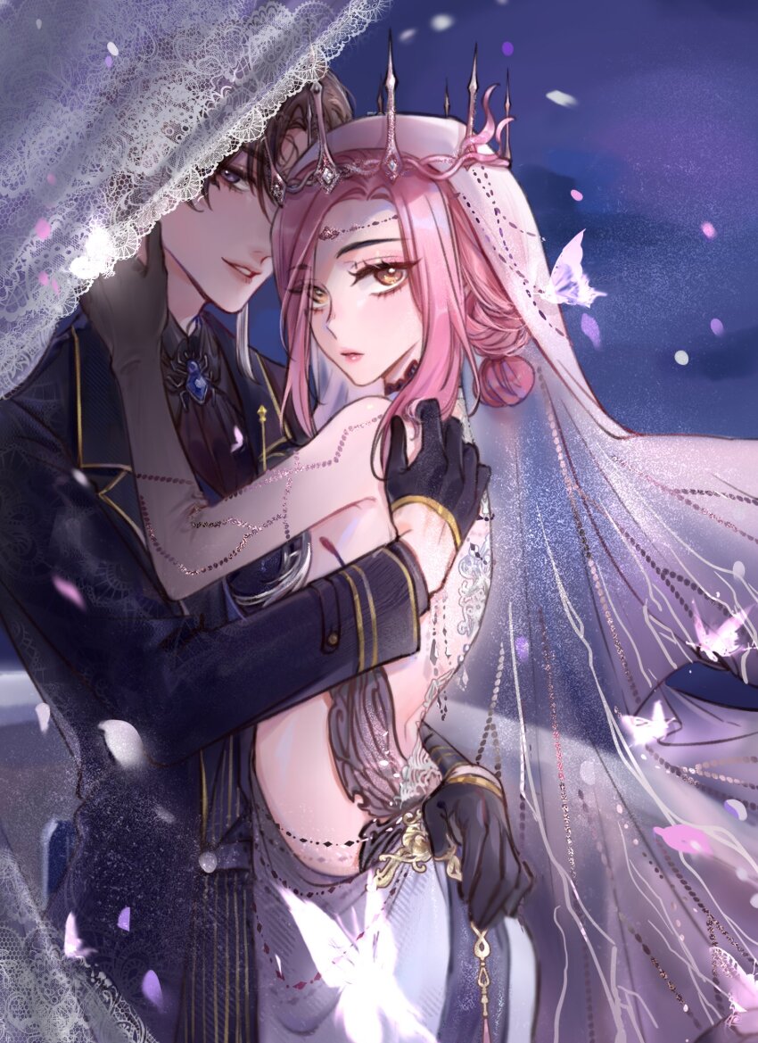 1boy, 1girl, backless_dress, backless_outfit, binglanxianqi, black_bow, black_bowtie, black_coat