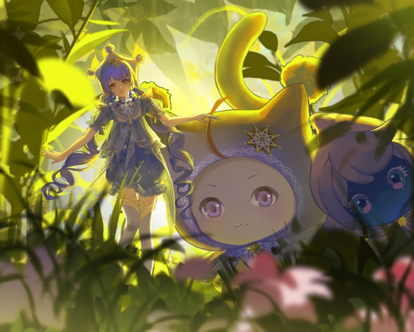 1girl, :3, absurdres, ahoge, animal, bare_arms, beret, blue_eyes, brown_eyes, cat, cloak, closed_mouth, clothed_animal, collar, colored_eyelashes, crescent_print, day, detached_collar, dress, drill_hair, ear_covers, eyelashes, faewish_sprite, flower, frilled_sleeves, frills, full_body, giroda_(infinity_nikki), gradient_eyes, grey_collar, hand_on_another's_head, hat, highres, hood, hood_up, hooded_cloak, infinity_nikki, leaf, long_hair, looking_at_viewer, low_twintails, mini_person, minigirl, mo_le_ge_yi, momo_(nikki), multicolored_eyes, nikki_(nikki), nikki_(series), open_mouth, outdoors, pink_flower, puffy_short_sleeves, puffy_sleeves, purple_cloak, purple_dress, purple_eyes, purple_hair, short_sleeves, smile, square_neckline, star_(symbol), star_print, starlet_burst_(infinity_nikki), teeth, thighhighs, twin_drills, twintails, upper_teeth_only, very_long_hair, white_cat, white_hat, white_thighhighs