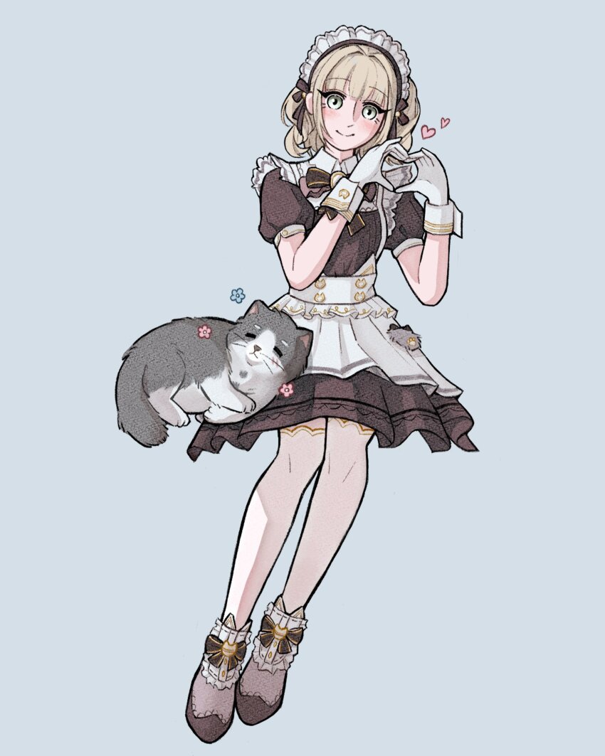 1girl, absurdres, apron, black_bow, black_bowtie, black_dress, blonde_hair, blue_background