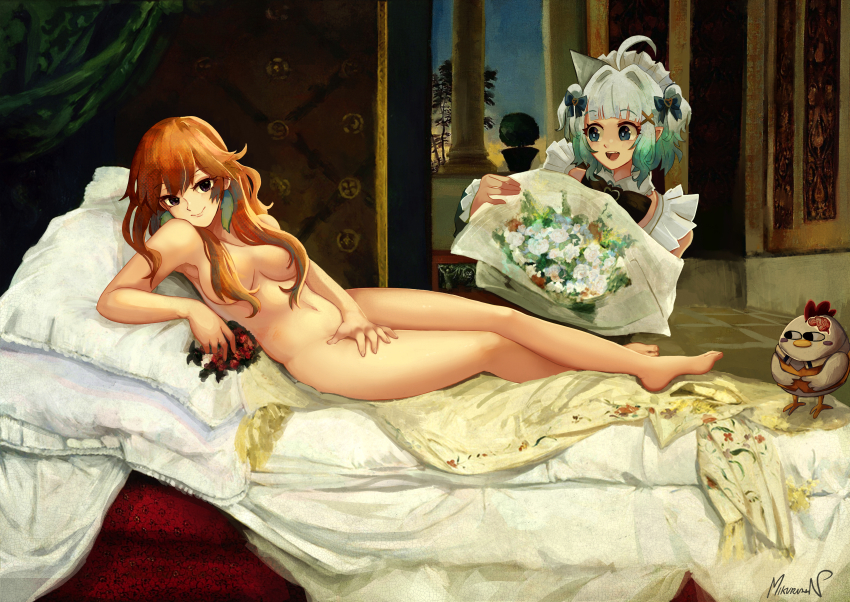 2girls, a_reclining_venus_with_a_satyr, absurdres, ahoge, barefoot, bird, blue_eyes, bouquet, chicken, earrings, feather_earrings, feathers, feet, fine_art_parody, flower, frills, gradient_hair, green_hair, hair_ornament, hair_over_breasts, highres, hololive, hololive_english, indie_virtual_youtuber, jewelry, kfp_employee_(takanashi_kiara), long_hair, looking_at_viewer, maid_headdress, meme, miku_(mikururun), mint_fantome, multicolored_hair, multiple_girls, neuron_activation_(meme), nude, on_bed, orange_hair, parody, pillow, purple_eyes, short_hair, signature, smile, takanashi_kiara, triangular_headpiece, virtual_youtuber, white_hair, x_hair_ornament