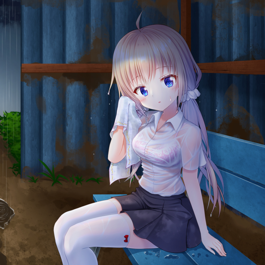 1girl, absurdres, ahoge, arm_support, black_skirt, blonde_hair, blue_eyes, blush