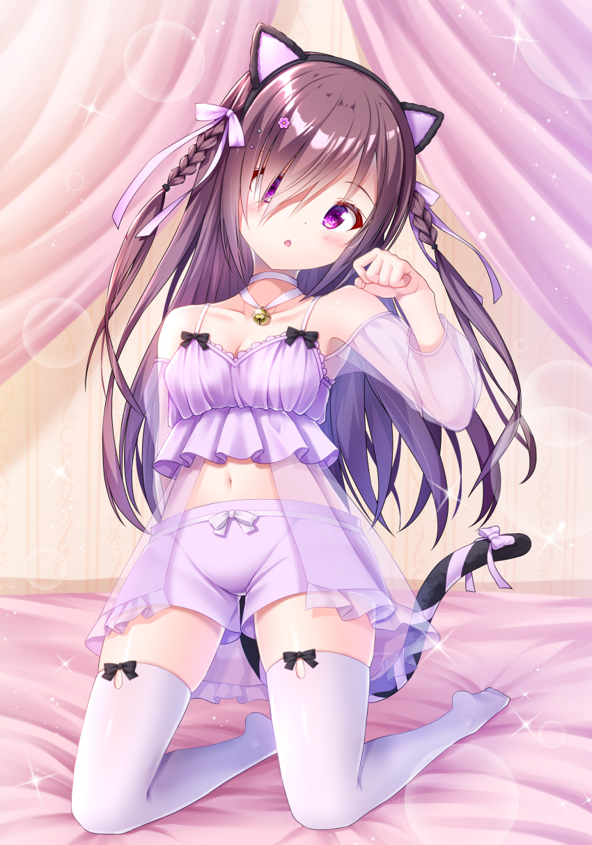 1girl, absurdres, animal_ear_hairband, animal_ears, bed, black_bow, black_hairband, blush