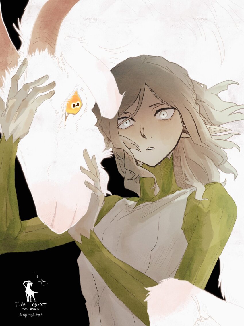 1boy, absurdres, black_background, dungeon_meshi, elf, goat, goat_(dungeon_meshi), gorget, green_shirt, grey_eyes, grey_hair, hands_on_animal, highres, horizontal_pupils, long_sleeves, looking_at_viewer, male_focus, medium_hair, mithrun, mithrun_(young), open_mouth, pachix2_corgi, partially_shaded_face, pointy_ears, shirt, simple_background, symbol-shaped_pupils, tunic, upper_body, wavy_hair, yellow_eyes